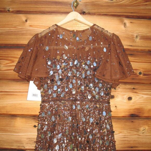MAC DUGGAL 24018 Womens Brown  Flutter Sleeve Sheer Top Beaded Dress - Picture 8 of 14